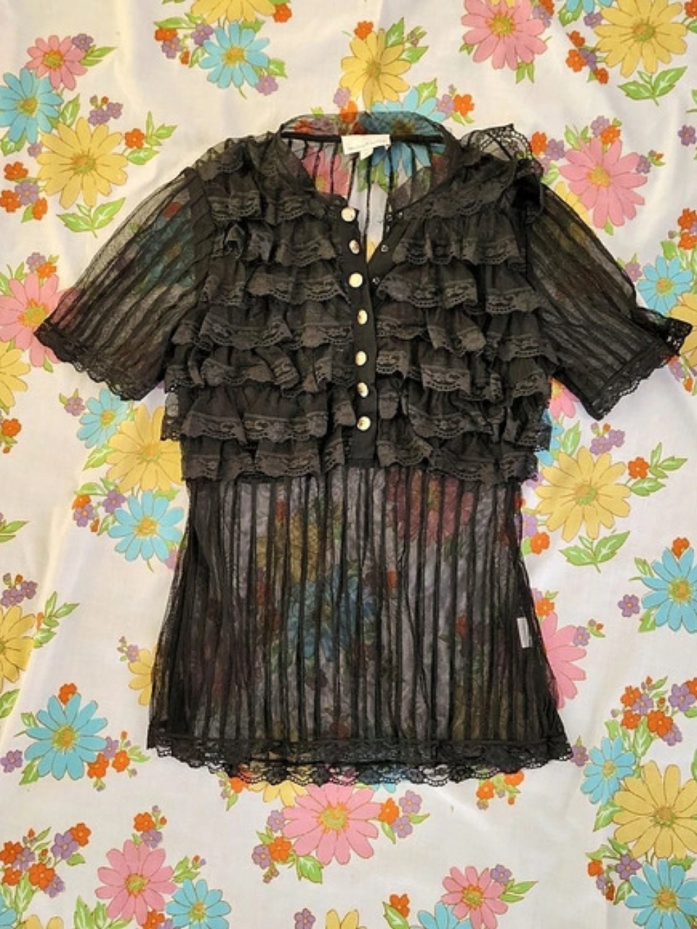 MIGUELINA Black Lace Ruffle Blouse Like New